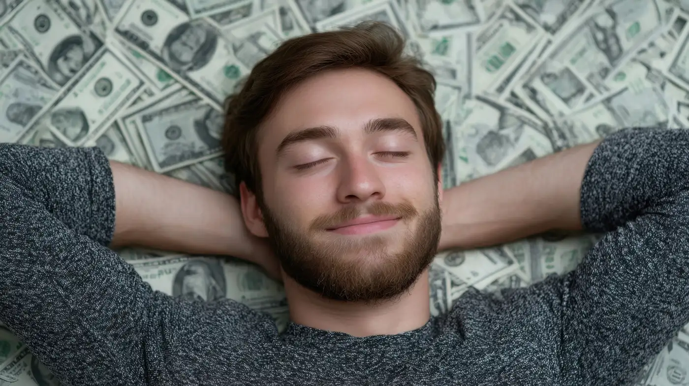 Persona meditando con elementos financieros representando paz mental y tranquilidad económica