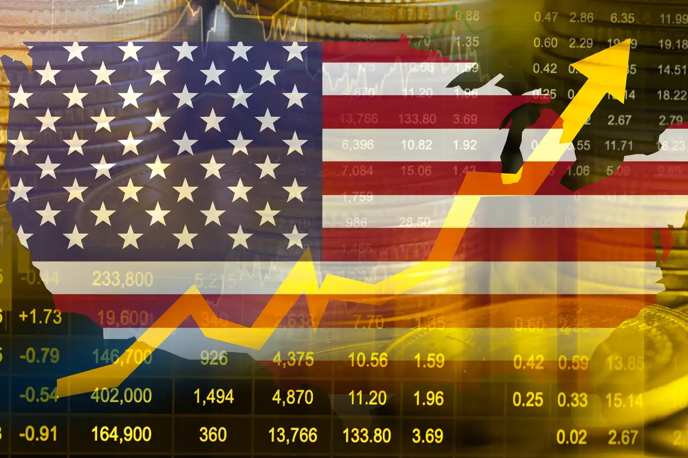 gráfico econonómico sobre una bandera de ee.uu. representando la economía norteamericana