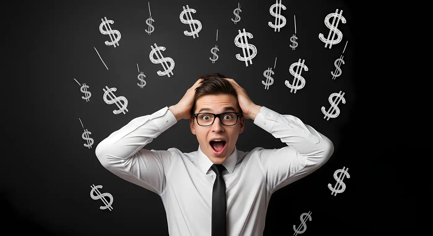Persona reflexionando sobre decisiones financieras con símbolos de dinero y personalidad